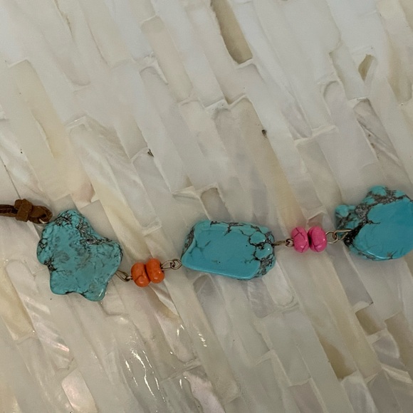 Boho Blue Turquoise Color Slab Chunky Stone Beaded Vegan Leather Long Necklace - Picture 3 of 10